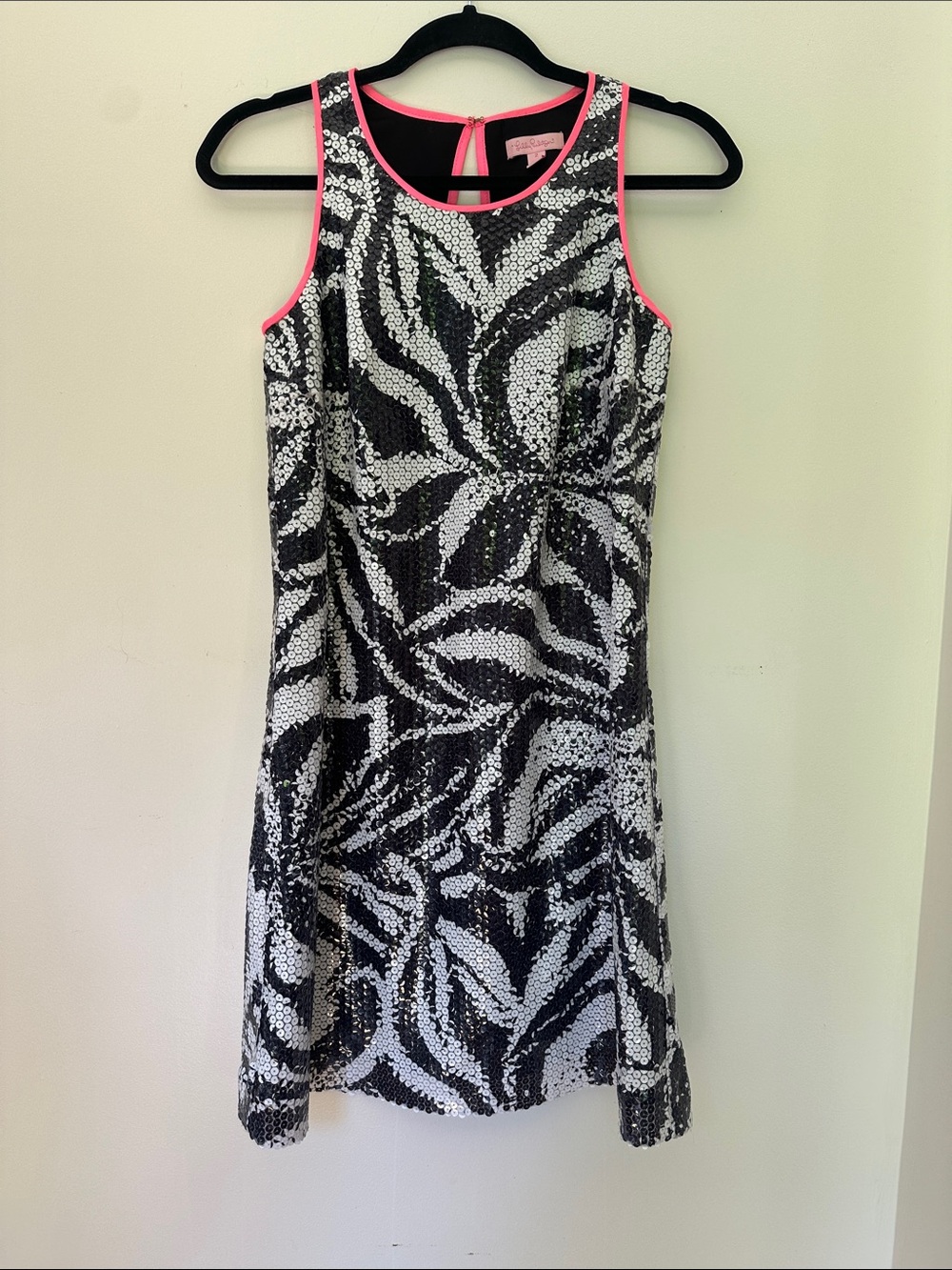 Lilly Pulitzer Black & White Sequin Leaf Dress with Pink Trim